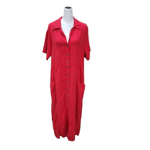 Vintage‎ CLICK Linen Midi Dress Women's Small Red Button Down Pockets USA Summer - Picture 1 of 11
